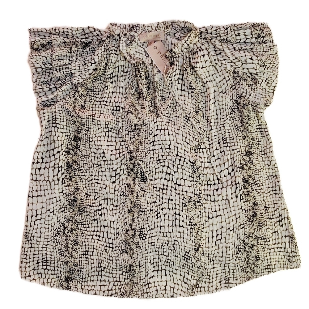 PHILOSOPHY Animal Print Brown & Off White Print Short Sleeve Blouse with…